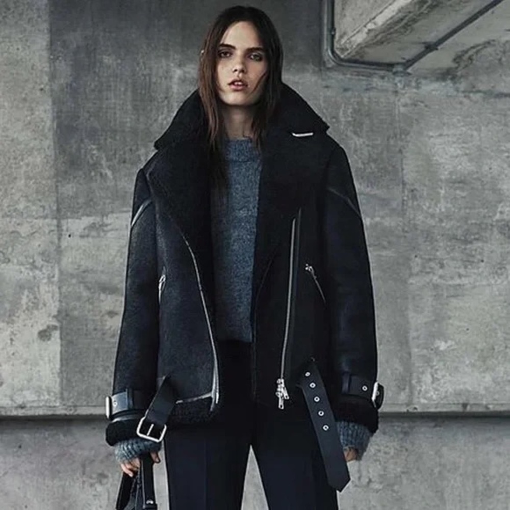 All Saints Black Leather & Shearling Jacket